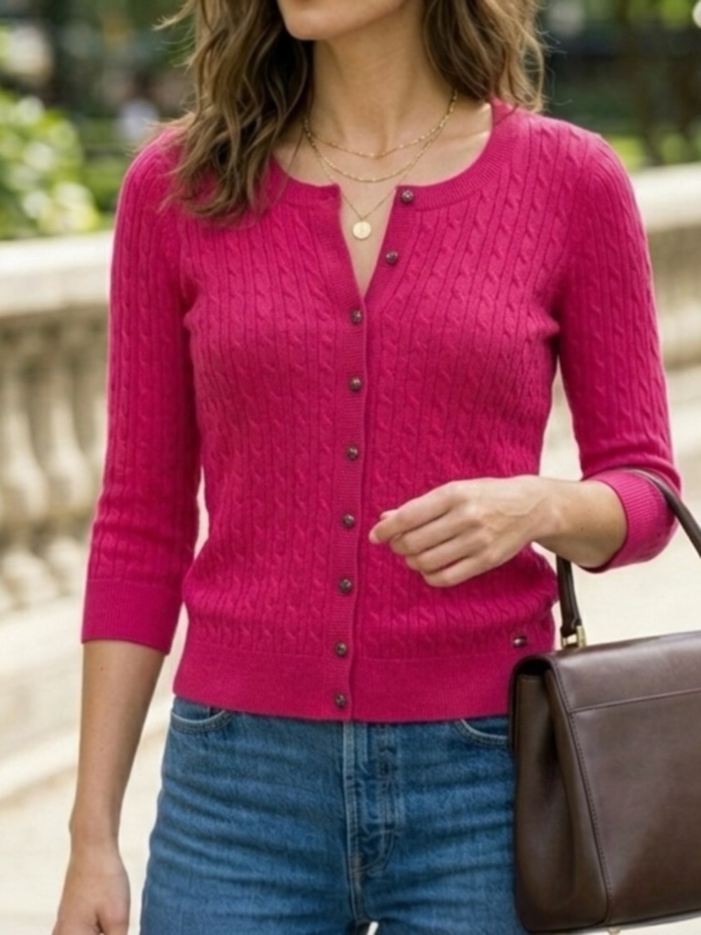 Tommy Hilfiger Fuchsia Pima Cotton Cable Knit Cardigan S 3/4 Sleeve Spring